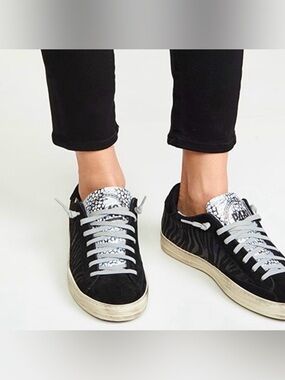 P448 John Zebra Black Suede Metallic Silver Lace Up Low Top Sneaker Sz 10 EU 41